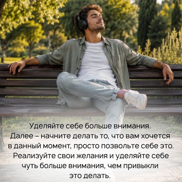 Уделяйте себе внимание Далее – начните делать то, что вам хочется в данный момент, просто позвольте себе это. Реализуйте свои желания и уделяйте себе чуть больше внимания, чем привыкли это делать.