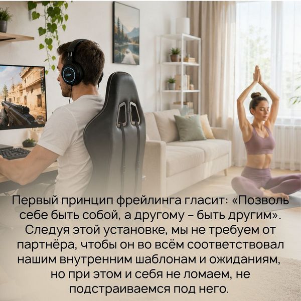 Первый принцип фрейлинга гласит: «Позволь себе быть собой, а другому – быть другим». Следуя этой установке, мы не требуем от партнёра, чтобы он во всём соответствовал нашим внутренним шаблонам и ожиданиям, но при этом и себя не ломаем, не подстраиваемся под него. 