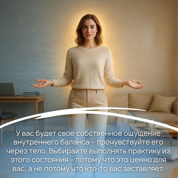 У вас будет свое собственное ощущение внутреннего баланса – прочувствуйте его через тело. Выбирайте выполнять практику из этого состояния – потому что это ценно для вас, а не потому что кто-то вас заставляет. 