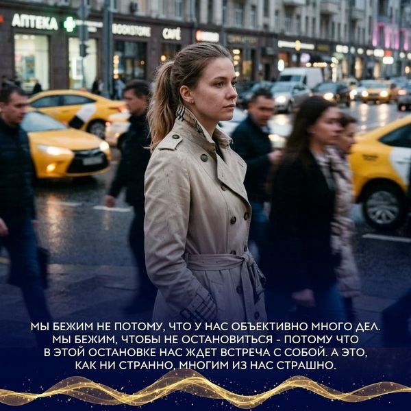 Мы бежим не потому, что у нас объективно много дел. Мы бежим, чтобы не остановиться - потому что в этой остановке нас ждет встреча с собой. А это, как ни странно, многим из нас страшно.