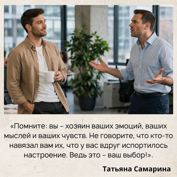 Помните: вы – хозяин ваших эмоций, ваших мыслей и ваших чувств. Не говорите, что кто-то навязал вам их, что у вас вдруг испортилось настроение. Ведь это – ваш выбор.