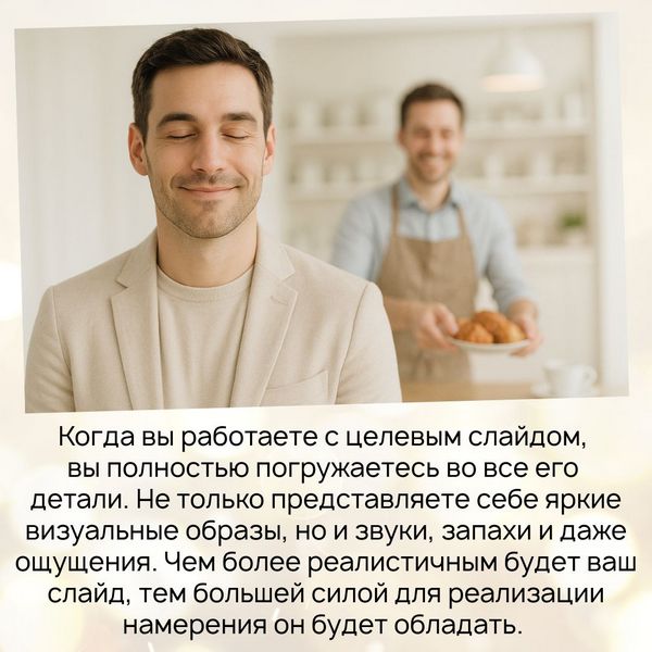 Целевой слайд Когда вы работаете с целевым слайдом, вы полностью погружаетесь во все его детали. Не только представляете себе яркие визуальные образы, но и звуки, запахи и даже ощущения. Чем более реалистичным будет ваш слайд, тем большей силой для реализации намерения он будет обладать.