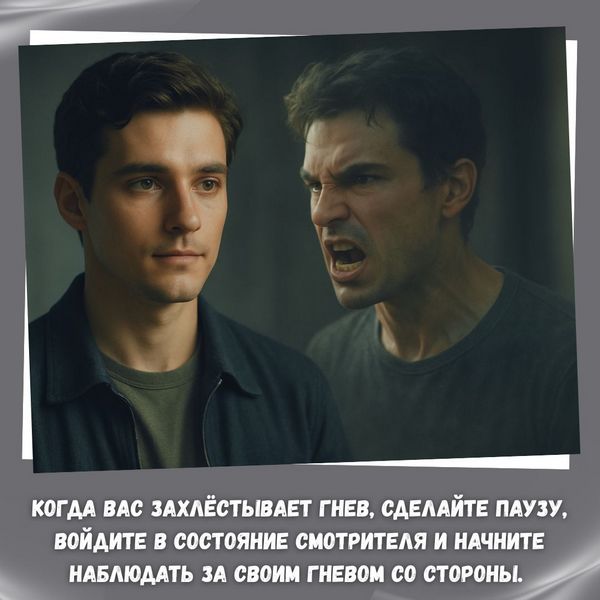 Когда вас захлёстывает гнев, сделайте паузу, войдите в состояние Смотрителя и начните наблюдать за своим гневом со стороны. Отметьте: "Я чувствую гнев".