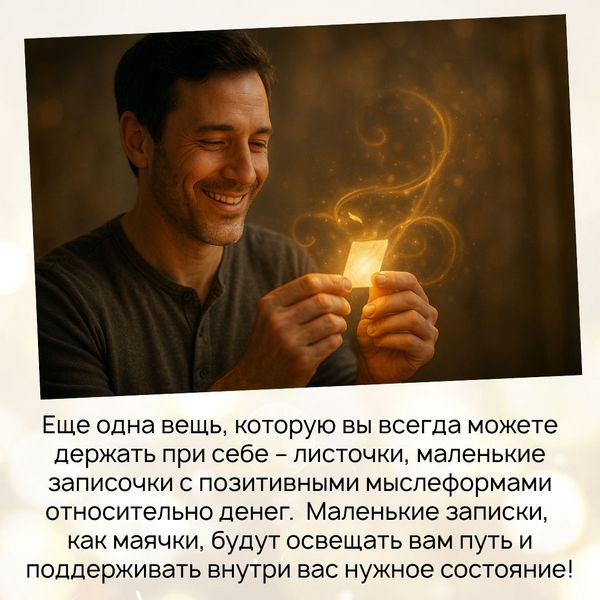 Листочки с мыслеформами Еще одна вещь, которую вы всегда можете держать при себе – листочки, маленькие записочки с позитивными мыслеформами относительно денег.