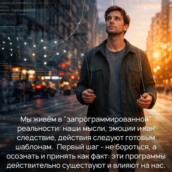Мы живём в "запрограммированной" реальности: наши мысли, эмоции и как следствие, действия следуют готовым шаблонам. Мы либо автоматически принимаем эти программы, даже не замечая их, либо, когда начинаем их видеть, вступаем с ними в борьбу.