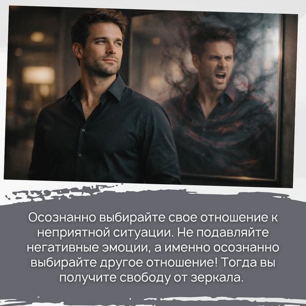  Осознанно выбирайте свое отношение к неприятной ситуации. Не подавляйте негативные эмоции, а именно осознанно выбирайте другое отношение! Тогда вы получите свободу от зеркала. Изменив привычный способ реагирования и восприятия действительности, вы обретаете способность формировать нужное вам отражение.