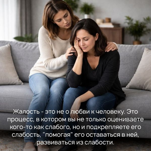 Жалость - это не о любви к человеку. Это процесс, в котором вы не только оцениваете кого-то как слабого, но и подкрепляете его слабость, "помогая" его оставаться в ней, развиваться из слабости. Тем самым вы еще больше топите человека во тьме: он не растет, не чувствует свою силу, а значит, не может соприкоснуться с божественным.