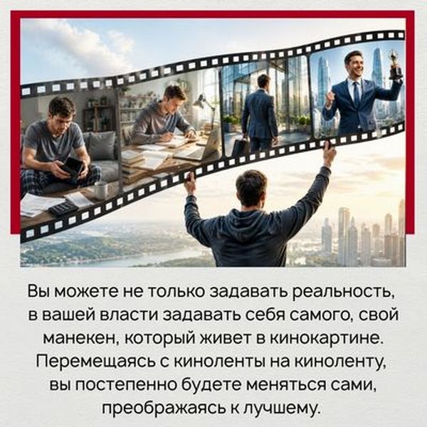 Вы можете не только задавать реальность, в вашей власти задавать себя самого, свой манекен, который живет в кинокартине. Перемещаясь с киноленты на киноленту, вы постепенно будете меняться сами, преображаясь к лучшему. При этом – без принуждения себя к чему-то, без насилия над собой. 