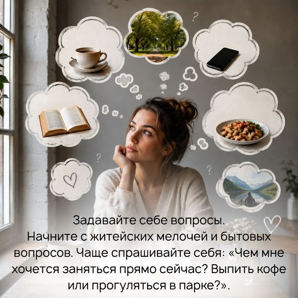 Задавайте себе вопросы чего хотите на самом деле Начните с житейских мелочей и бытовых вопросов. Чаще спрашивайте себя: «Чем мне хочется заняться прямо сейчас? Выпить кофе или прогуляться в парке? Позвонить другу или почитать книжку? Что я хочу съесть сегодня на обед? Как для меня лучше провести выходные?»